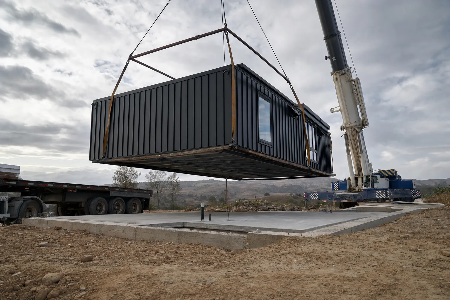 Grua e equipa a instalar módulo habitacional