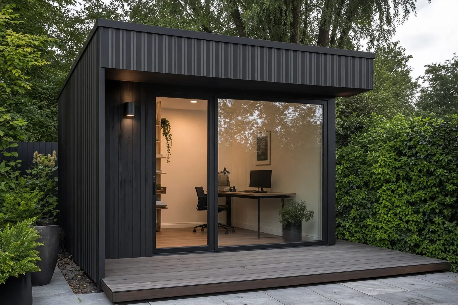 12 m² garden office in black steel and timber with glazed opening and deck