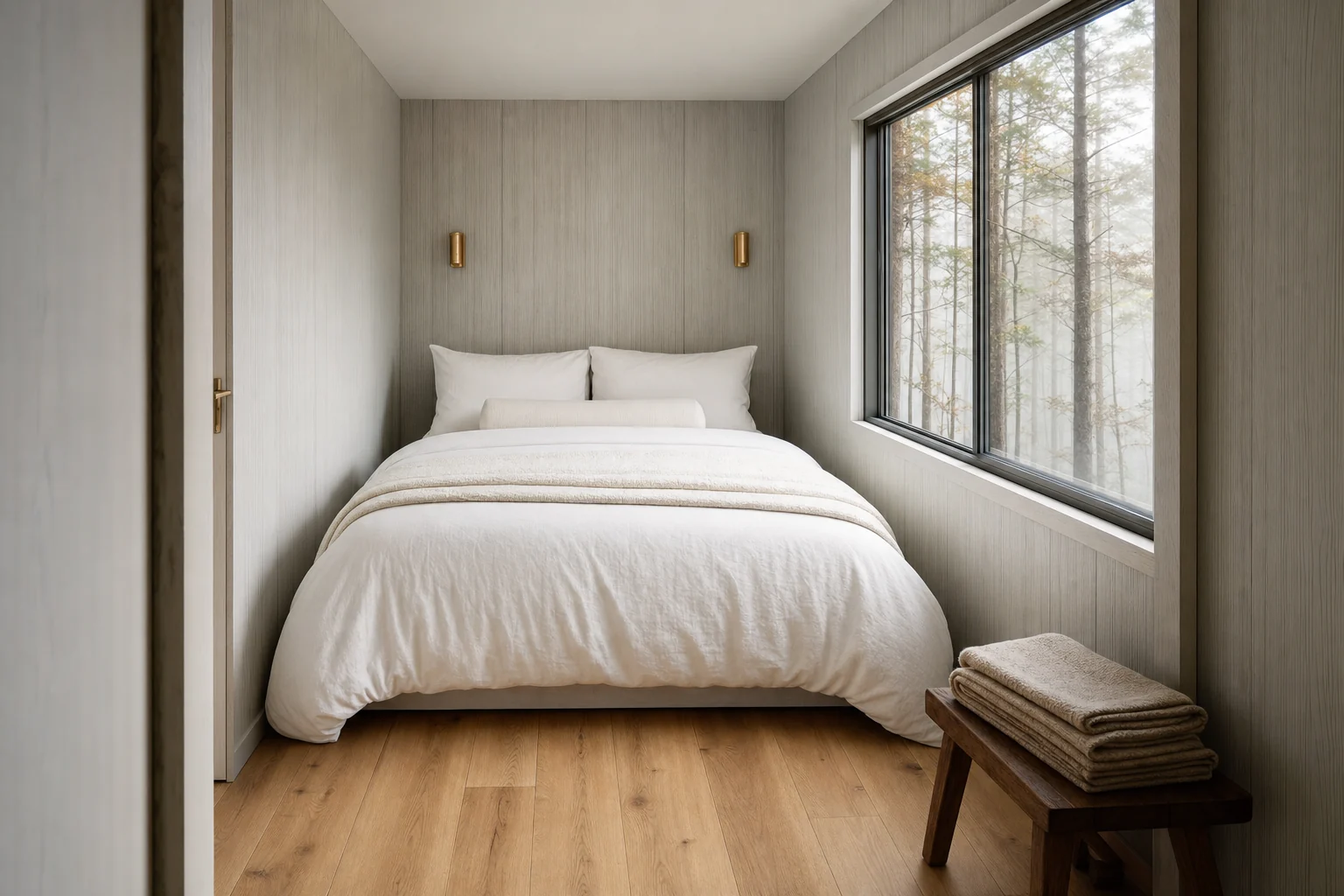 Quarto de casa modular com cama de casal e janela sobre o campo