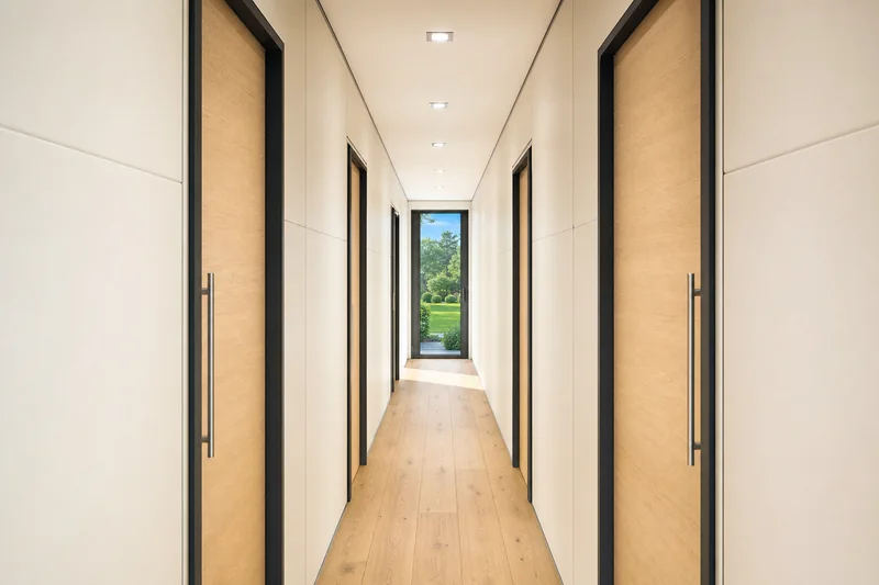 Corredor central de casa expansível com portas de ambos os lados