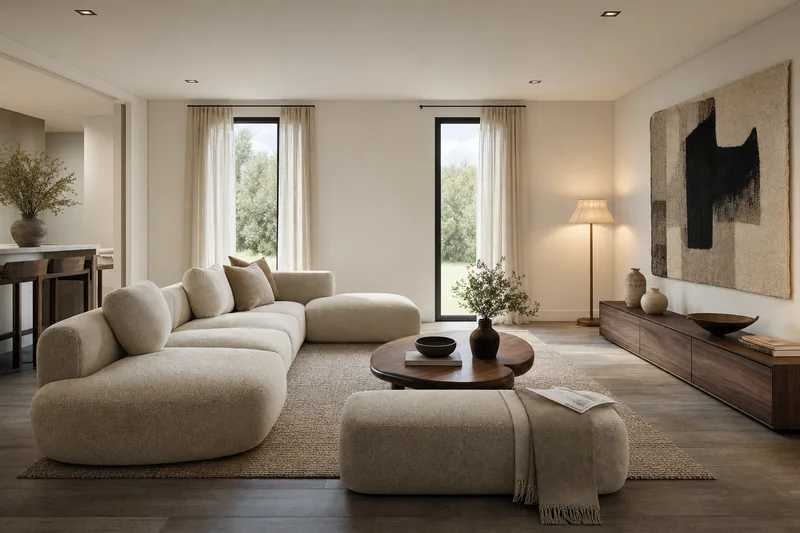 Sala de casa expansível com cobertura plana e tecto liso branco