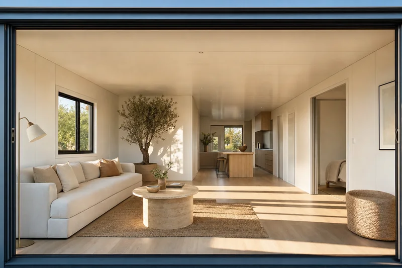 Interior em espaço aberto de casa expansível com 6,14 m de largura