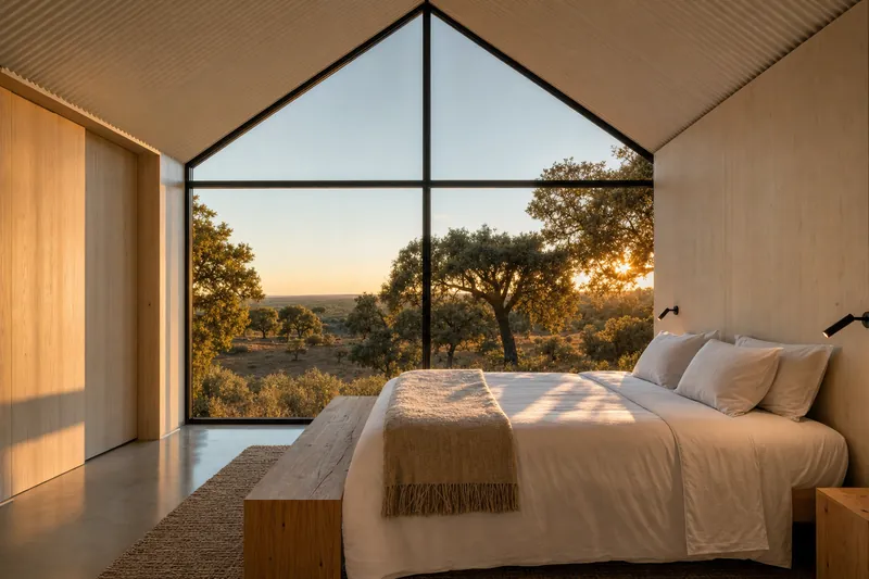 Suite com empena triangular envidraçada e cama virada para o poente alentejano