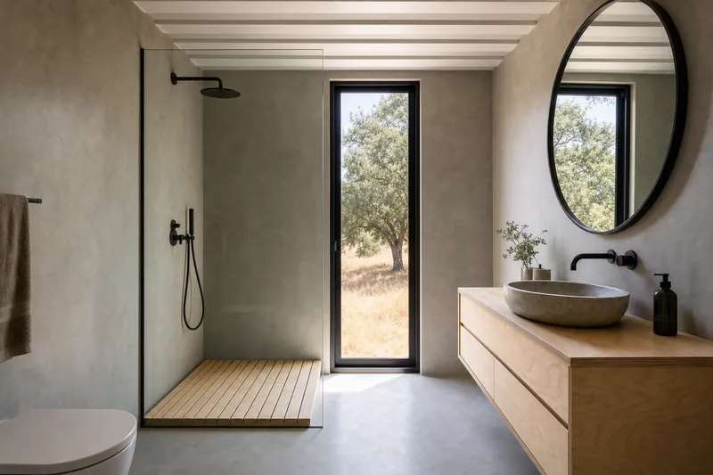 Modular home bathroom in microcement with a level-access shower