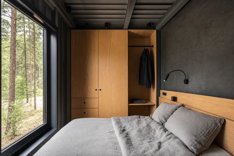 Quarto de casa contentor com armário em madeira de parede inteira e janela para pinhal