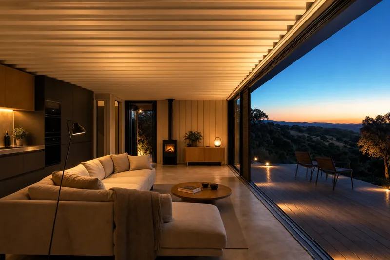 Sala de casa modular ao anoitecer com vão de correr aberto sobre terraço e vista de serra