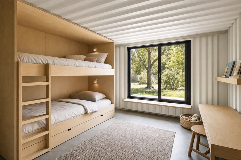 Quarto de criança em casa modular com beliche construído em madeira e secretária