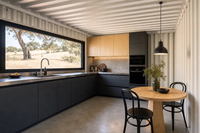 L-shaped container home kitchen with dark units, a horizontal window and a round table