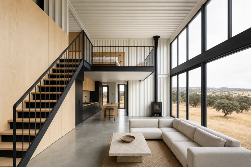 Double-height living room in a modular home with a steel stair and mezzanine