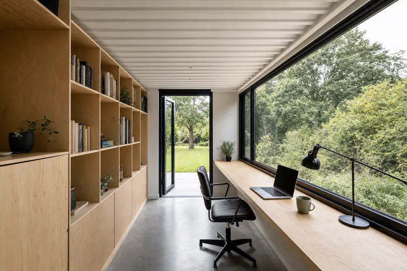 Interior de escritório de jardim modular com secretária corrida e estante em madeira