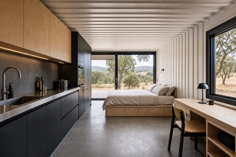 Studio container home with kitchen, bed and desk in a single open space