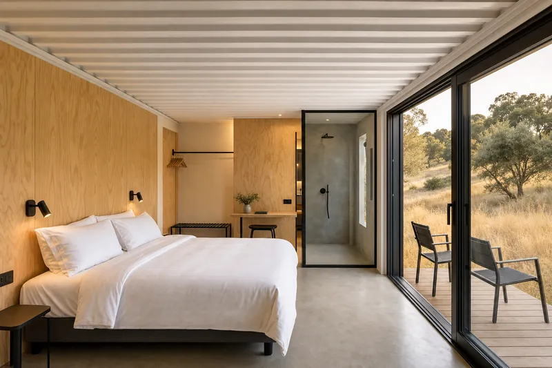 Suite modular de turismo com cama de casal, duche envidraçado e cadeiras no exterior