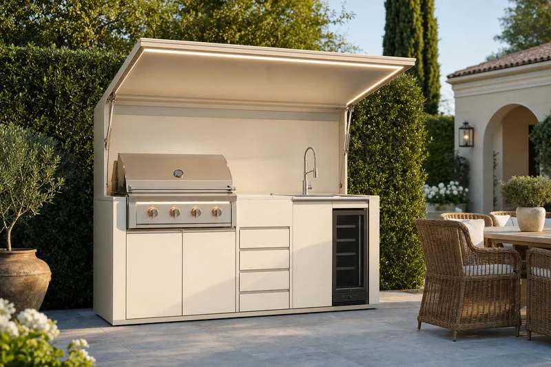 Cozinha exterior modular compacta em aço inoxidável cor marfim, com cobertura basculante iluminada