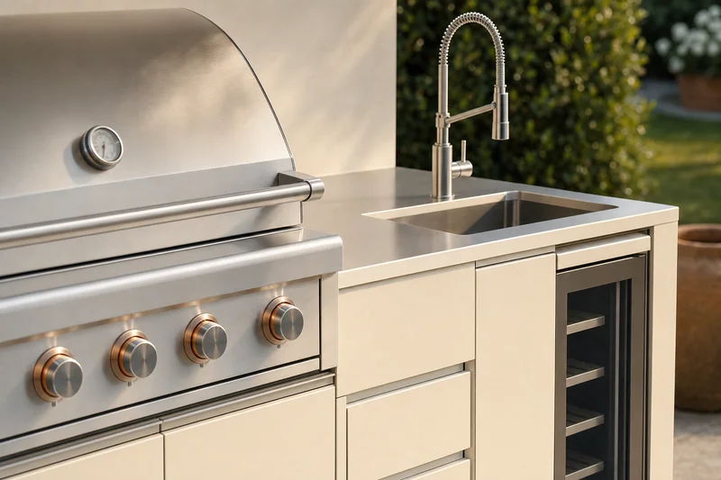 Pormenor do grelhador e lava-loiça em aço inoxidável da cozinha exterior compacta