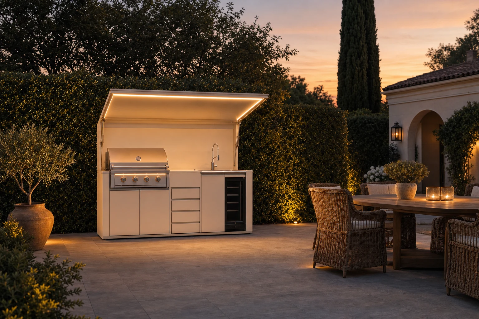 Cozinha exterior modular compacta com cobertura basculante iluminada ao anoitecer