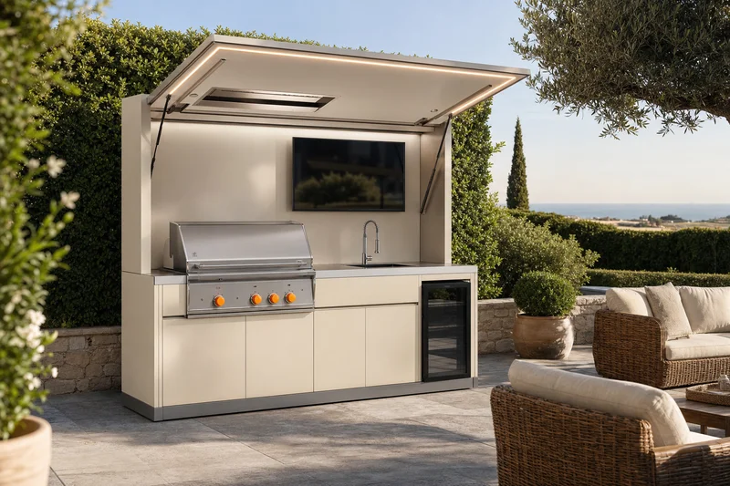 Cozinha exterior modular cor marfim com televisor embutido e vista de mar ao fundo