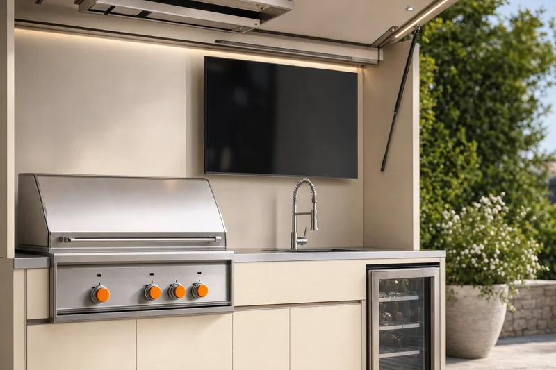 Pormenor do televisor e exaustor embutidos numa cozinha exterior modular