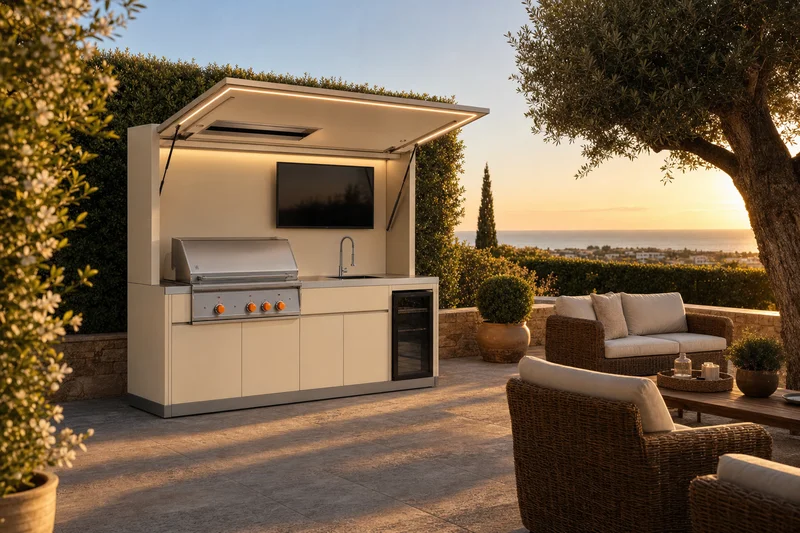 Cozinha exterior modular junto a uma zona de estar ao ar livre, ao pôr-do-sol