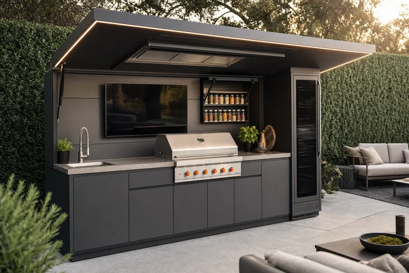 Cozinha exterior modular grande em tom grafite, com especieiro eléctrico e televisor de 42 polegadas