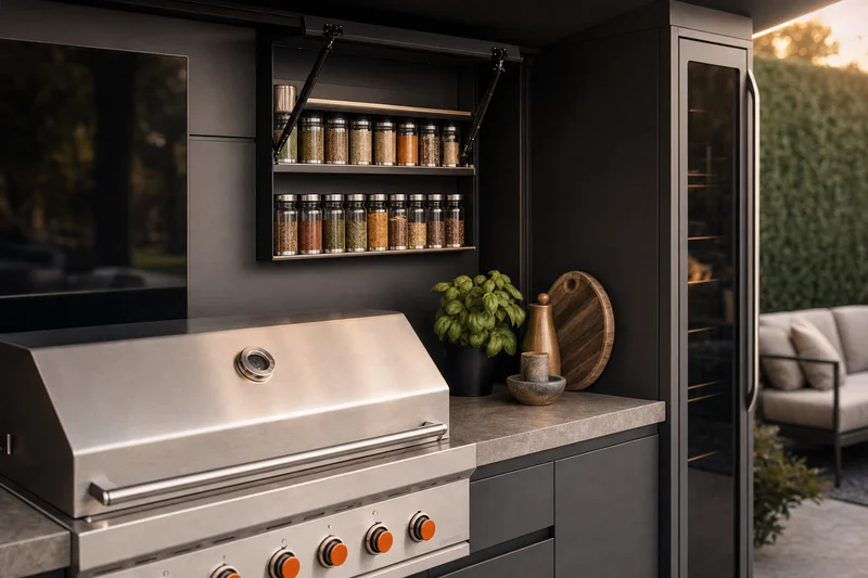 Pormenor do especieiro eléctrico elevável de uma cozinha exterior modular