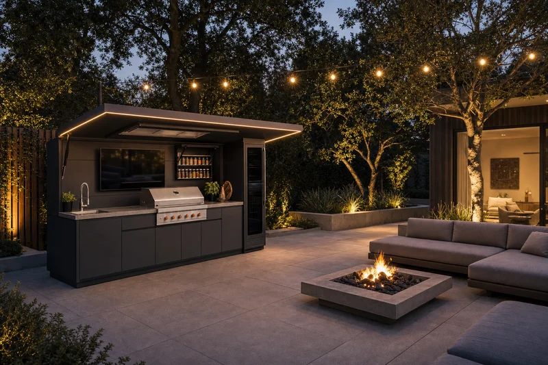 Cozinha exterior modular grafite iluminada ao anoitecer, junto a uma zona de estar exterior