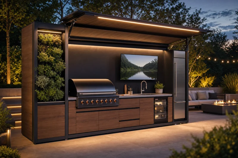 Cozinha exterior modular premium em acabamento nogueira, com painel vertical de plantas e iluminação nocturna