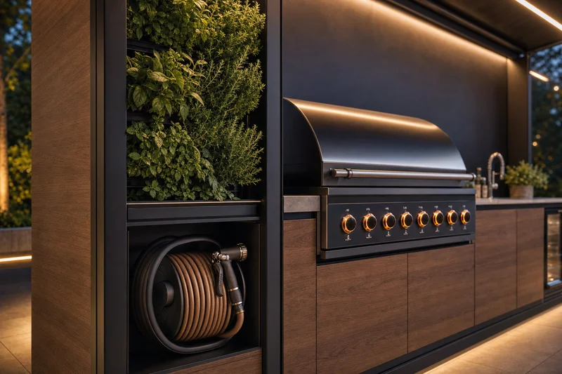 Pormenor do painel vertical de plantas e mangueira incorporada numa cozinha exterior modular premium