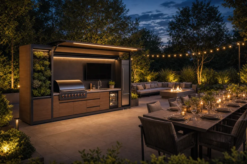 Cozinha exterior modular premium junto a uma mesa de jantar iluminada à noite