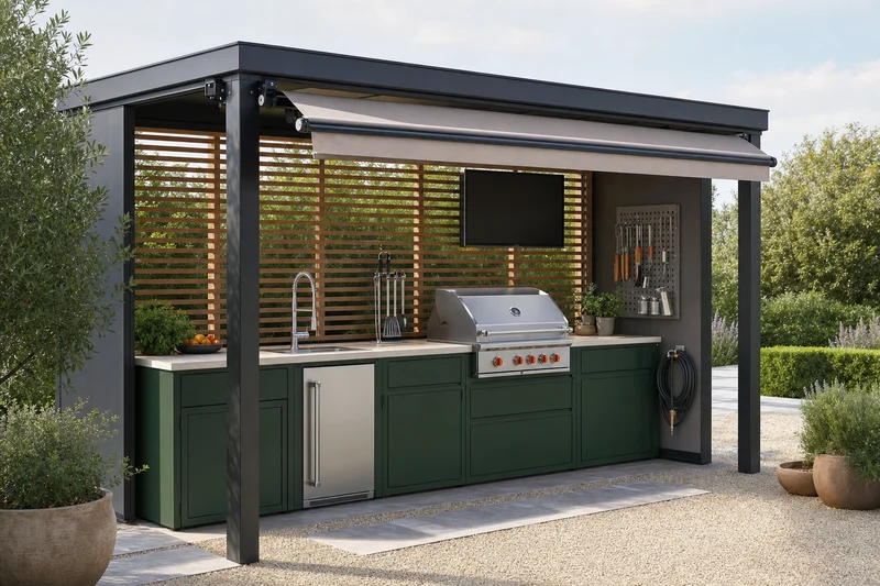 Cozinha exterior modular em formato de pérgola aberta, cor verde-escuro, com toldo retráctil e ripado de madeira