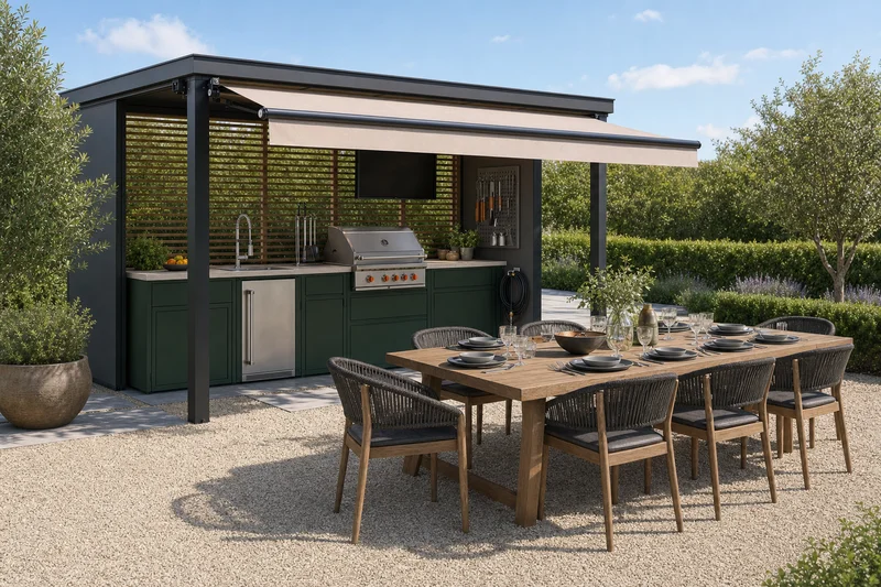Cozinha exterior em pérgola com toldo retráctil estendido sobre uma mesa de jantar comprida