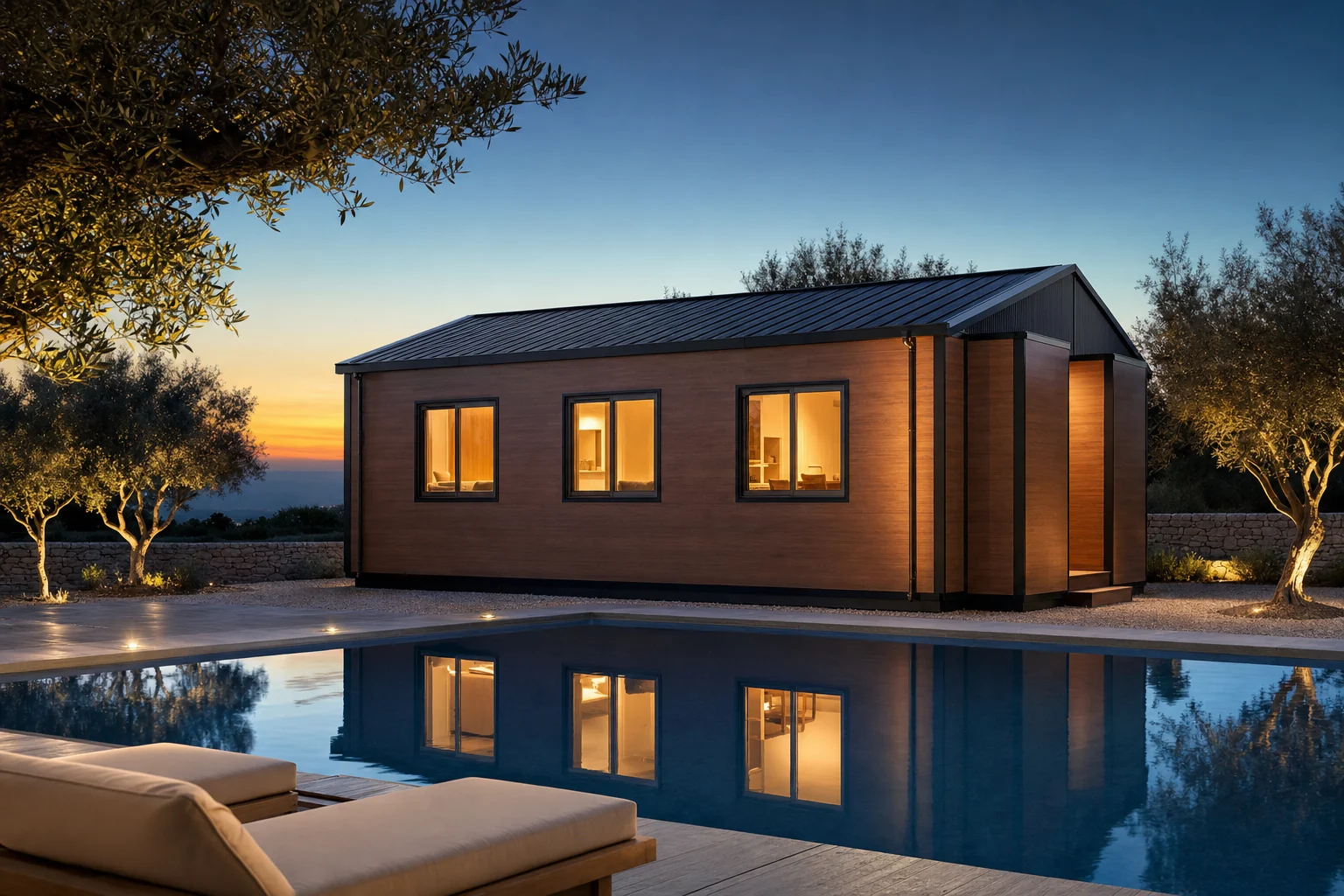 Casa contentor expansível de 56 m² ao anoitecer, vista sobre piscina