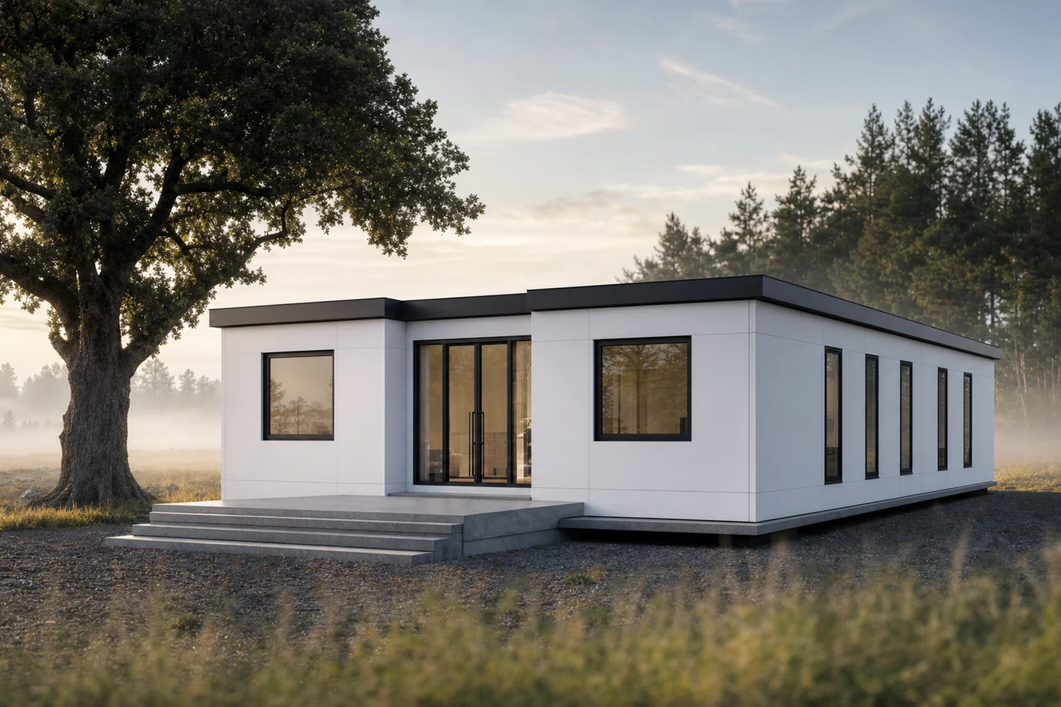Casa modular de cobertura plana branca ao nascer do sol, num prado com nevoeiro