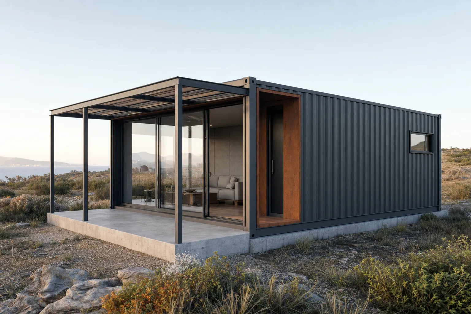 Casa contentor T1 com alpendre em aço e vista de mar