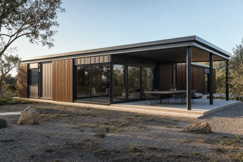 58 m² two-bedroom modular home with steel and timber cladding and covered terrace