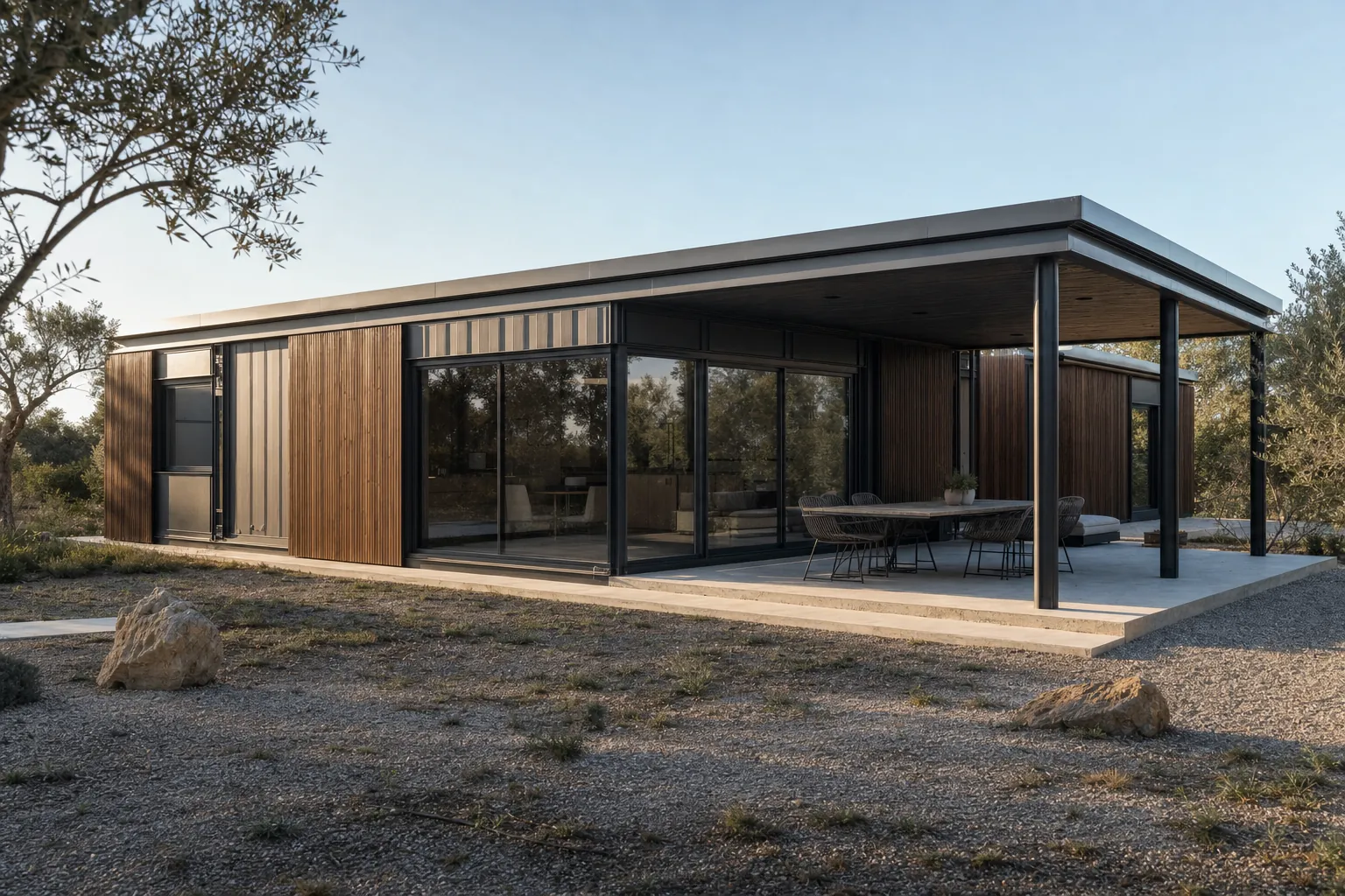 Casa modular T2 com revestimento misto de aço e madeira e terraço coberto