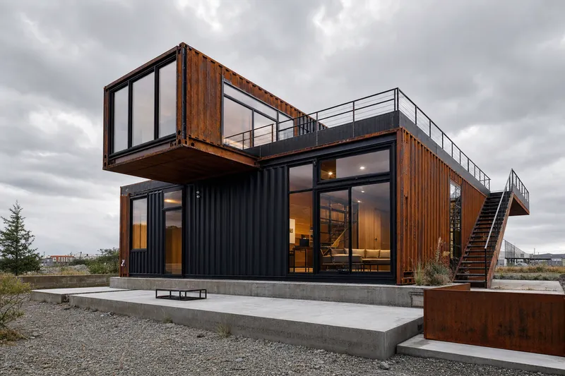 Two-storey corten steel container house with cantilever, roof terrace and external stair