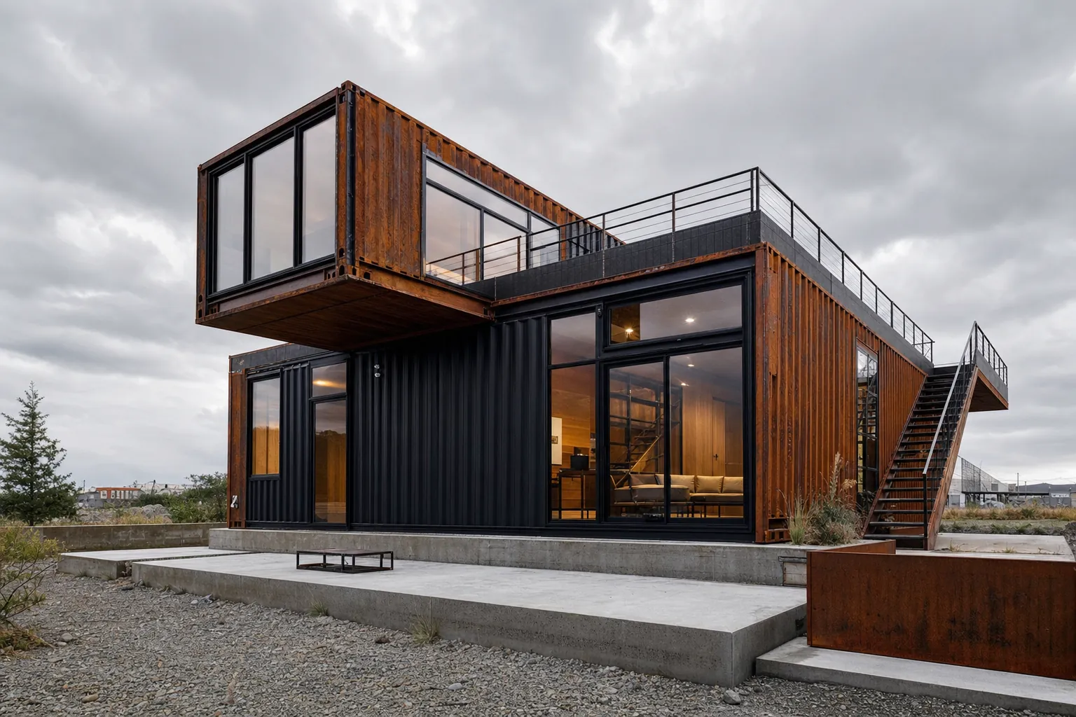 Casa contentor de dois pisos em corten com consola e terraço de cobertura